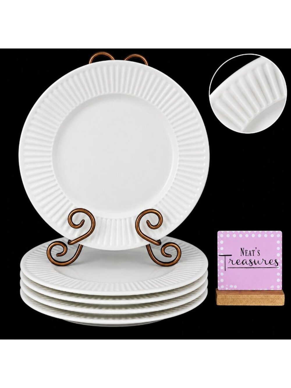 Gibson CLAREMONT Embossed Columns Ribbed 11" Ceramic Dinner  Plates Set of 5